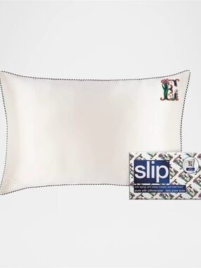 SLIP pure silk pillowcase initial E queen white anti aging anti sleep crease NEW